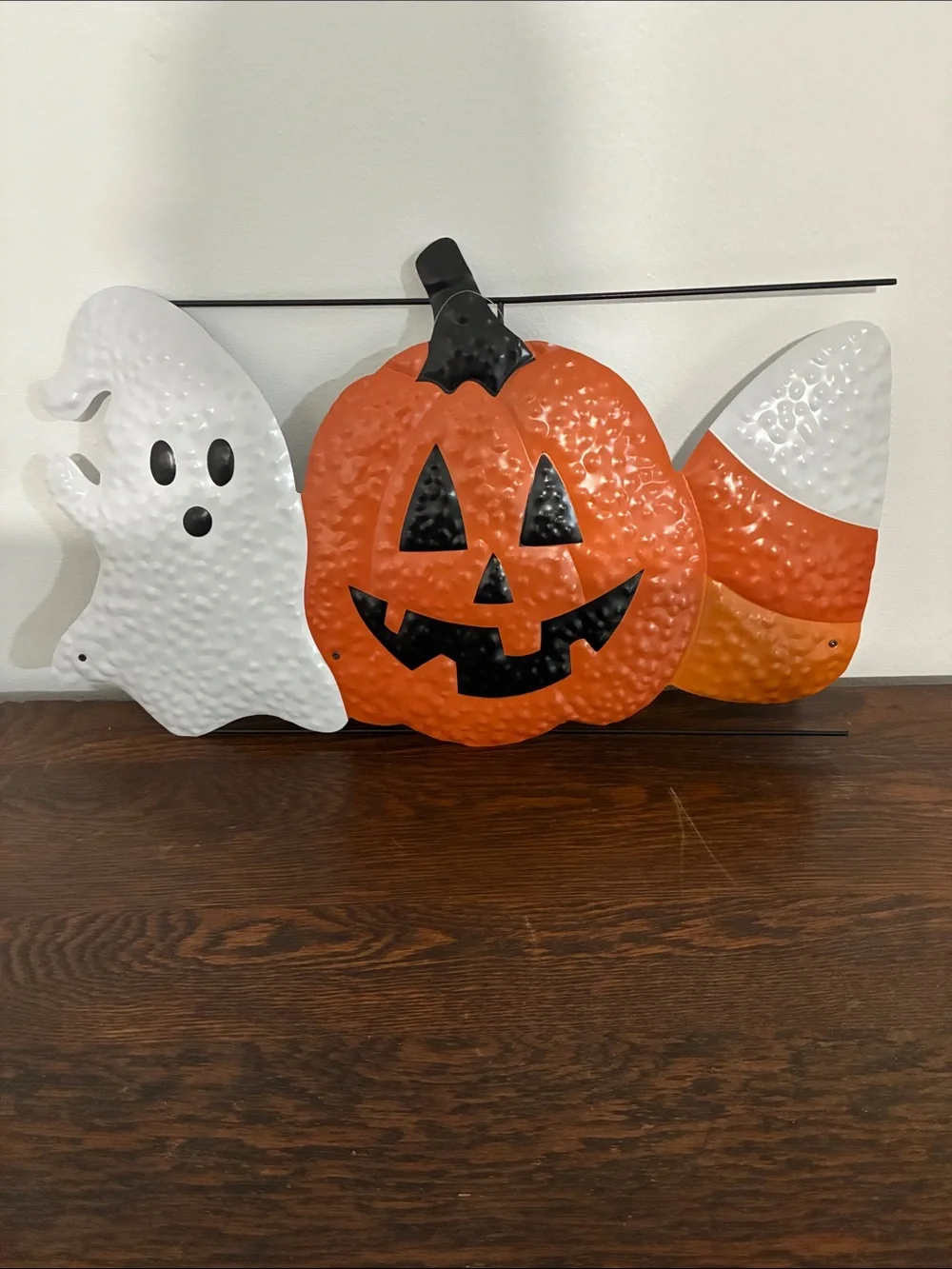 NWT-Metal Halloween Yard Stake Sign w/ Ghost, Jack-o-lantern & Candy Corn 26x20